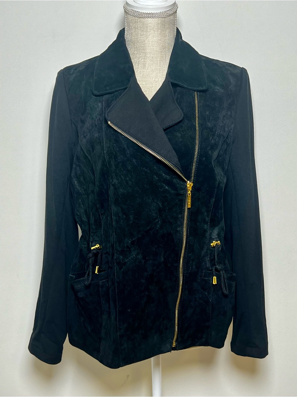 IMAN Global Chic Black Suede Moto Jacket with Gold Detailing